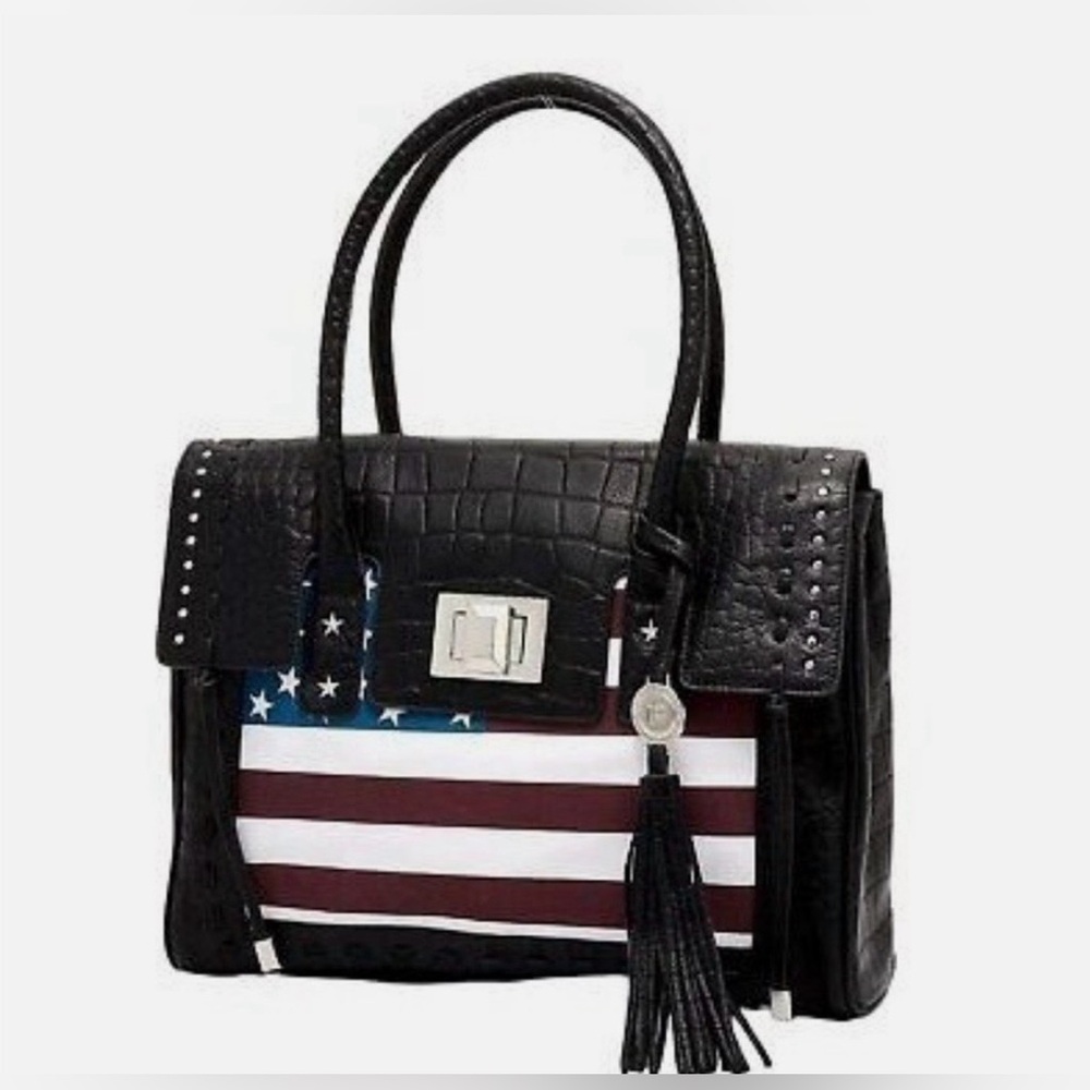 Aimee Kestenberg Washington Leather Tote - Croco Black Leather w/USA Flag - Picture 2 of 8